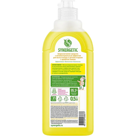 Средство для мытья посуды Synergetic 500мл антибакт, лимон флип-топ