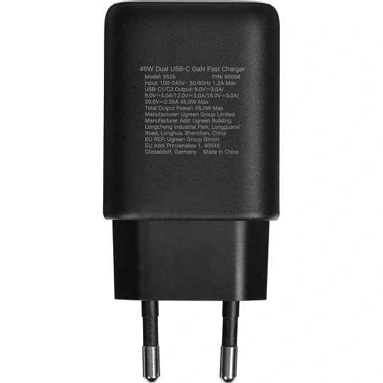 Зарядное устройство UGREEN,сетевое, X526(65058) 45W,USB-C GaN,EU,черн