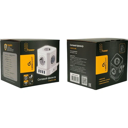 Сетевой фильтр Cablexpert Tower 5р/3м, 10А, 4хUSB, белый(TWR-5-U4-W-3)