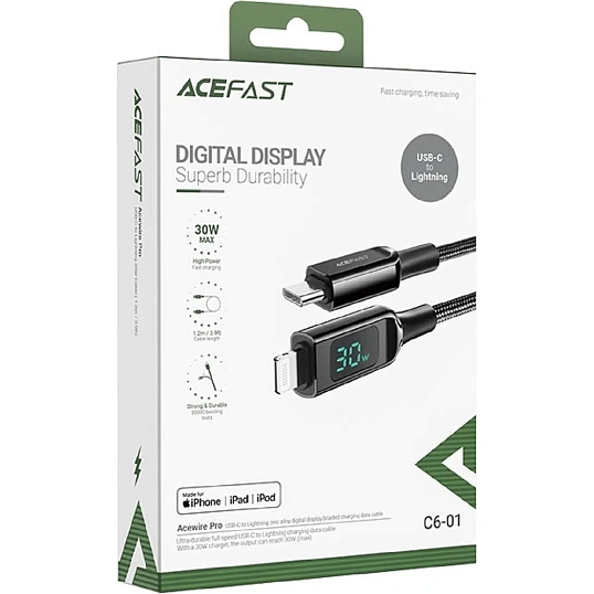 Кабель ACEFAST C6-01 USB-C, Lightning charging с цифровым дисплеем, черный