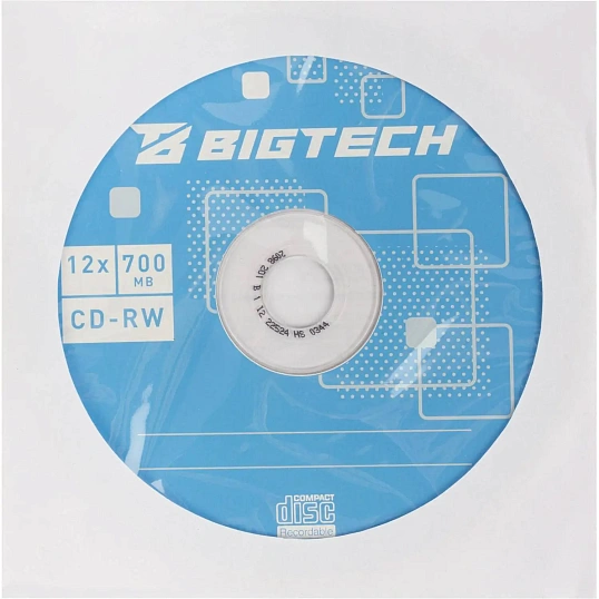 Носители информации Bigtech YCDRWB003 CD-RW/700МБ/12x/1шт конверт белый