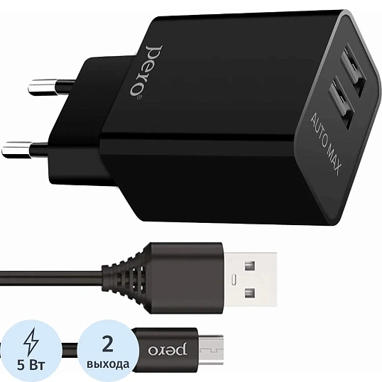 Зарядное устройство сет. PERO TC02 2USB 2.1A c каб. Type-C в компл. черный