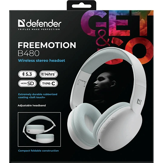 Наушники Defender FreeMotion B480 белый, микрофон, Bluetooth