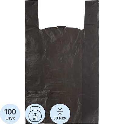 Пакет-майка УСИЛЕННЫЙ,ПНД, 40+18x70см,черный,30мкм, 100 шт/уп 