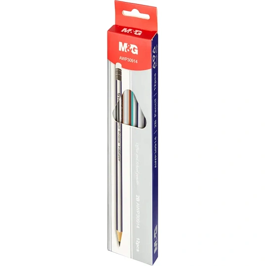 Карандаш чернографитный M&G, 2B, трехгранный, дерево, ластик, ассорти