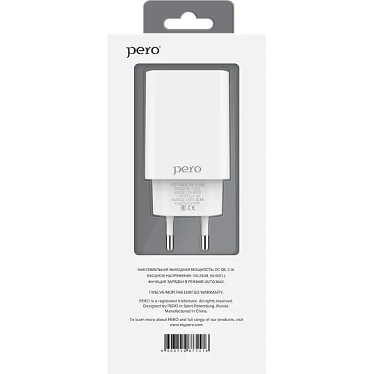Зарядное устройство сетевое PERO TC02 2USB 2.1A белый