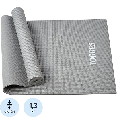 Коврик для йоги TORRES Relax 6, YL12236G, PVC 6 мм,серый