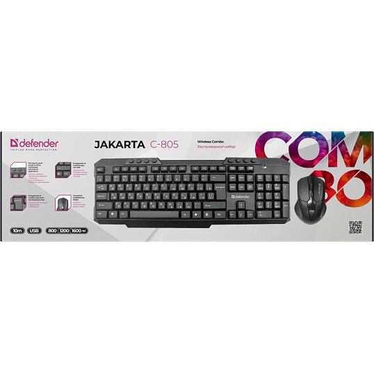 Набор клавиатура+мышь Defender Jakarta C-805 Ru беспр,черн,полноразм. 45804