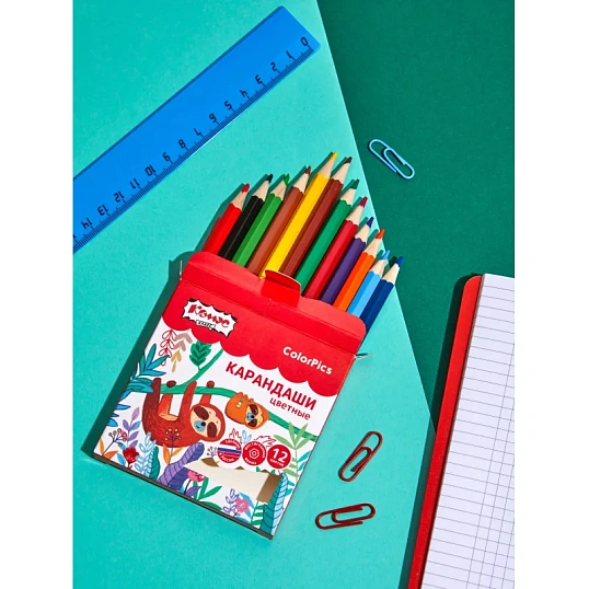 Карандаши цветные 12 цв/наб 6-гран №1School ColorPics короткие, 88 мм