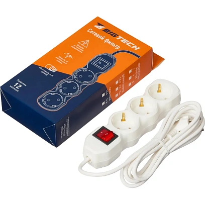 Сетевой фильтр BigTech ST310-3-W(3р/3м/10А/2,2кВт/3х0,75 мм2/белый)