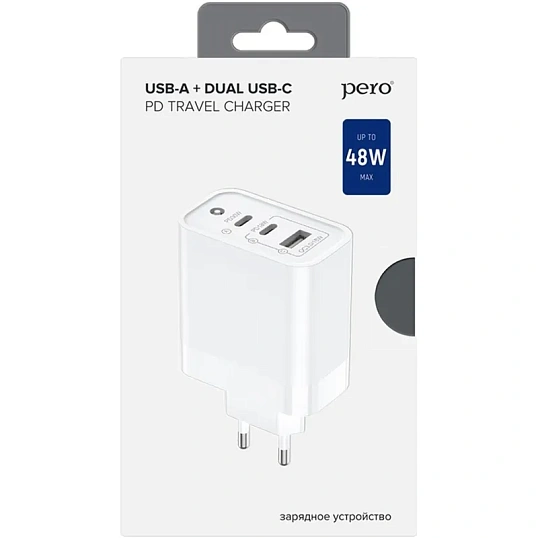 Зарядное устройство сетевое PERO TC14 USB-A QC3.0 + 2х USB-C PD, 48W белый