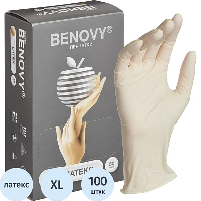 Перчатки латекс, н/c,н/о,текстур беж/натур Benovy (XL) 50 п/уп