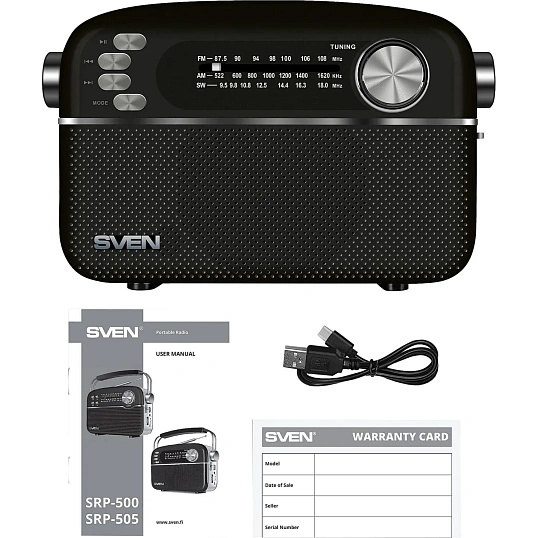 Радиоприемник Sven SRP-505, 3Вт, Bluetooth, FM/AM/SW/USB/microSD/AUX, аккум