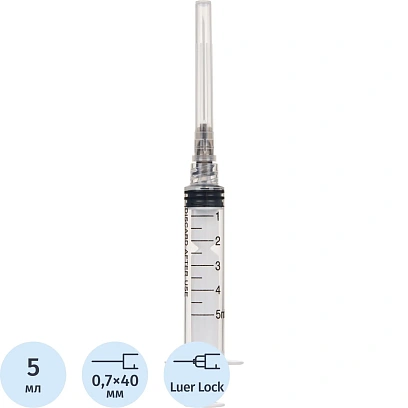Шприц 3-комп. однораз. 5мл LL 22G(0,7x40) над. 100шт/уп Джинлонг