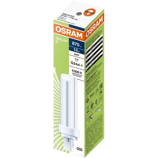 Лампа люминесцентная неинтегрирован. Osram DULUX D 13W/840 G24D-1 122866