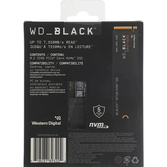 SSD накопитель WD Black SN7100 1ТБ, M.2, PCIe4x4, NVMe, M.2 (wds100t4x0e)