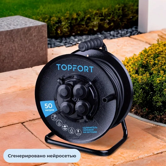 Удлинитель Topfort метал. КГ 3x2,5 кв.мм 50м 16А 4 гнезда с/з.,с/загл.,IP44