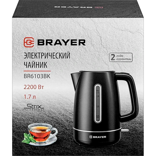 Чайник BRAYER 6103BR-BK,электрический,2200Вт,1,7л, платик.STRIX, автоотключ