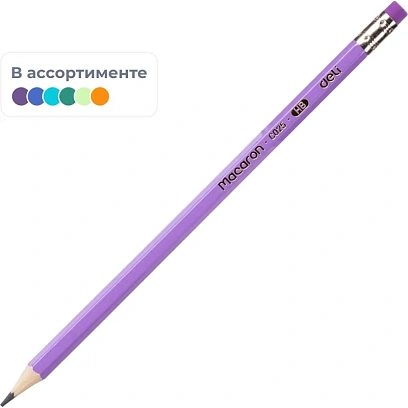 Карандаш чернографитный Deli Macaron HB деревянный с ластиком в ассортимент