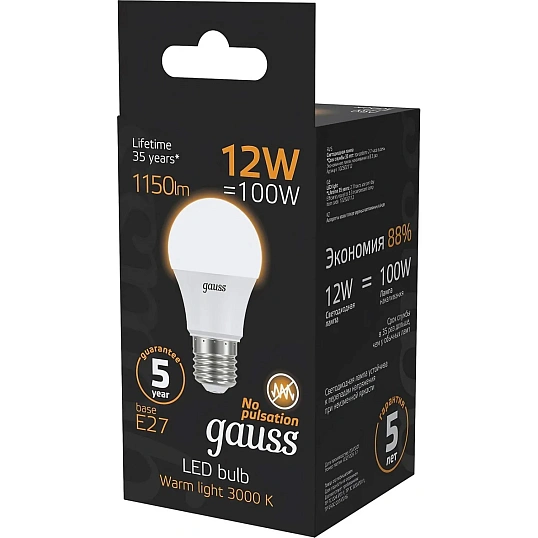 Лампа светодиодная Gauss 12W E27 A60 3000K 1150lm 102502112