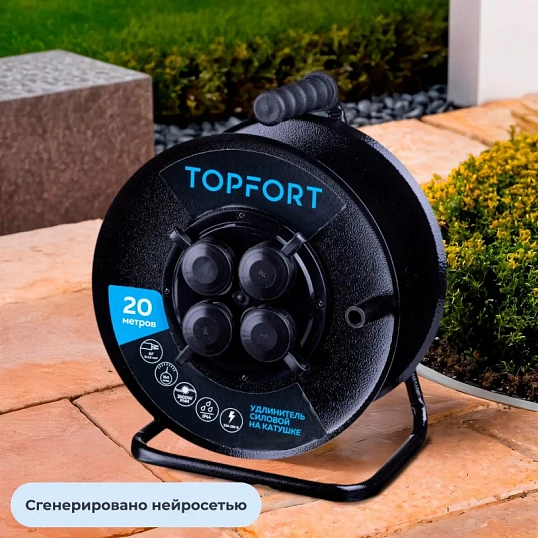 Удлинитель Topfort метал. КГ 2x2,5 кв.мм 20м 16А 4 гнезда б/з.,с/загл.,IP44