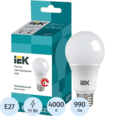 Лампа светодиодная Eco 11Вт A60 4000К E27  IEK LLE-A60-11-230-40-E27