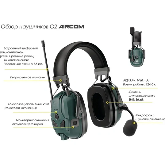 Наушники противошумные О2Aircom стандартн.оголовье и встроен.рация(1000)