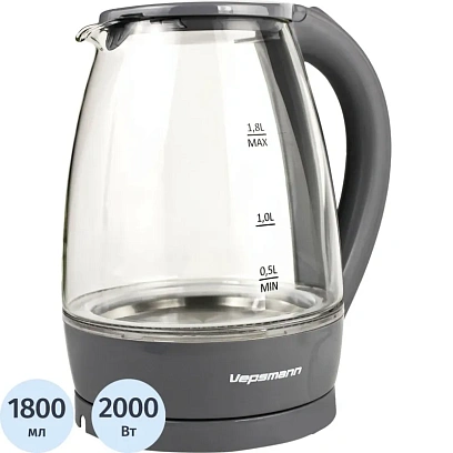 Чайник VEPSMANN VN-193, электрический,1,8 л/2000 Вт,серый