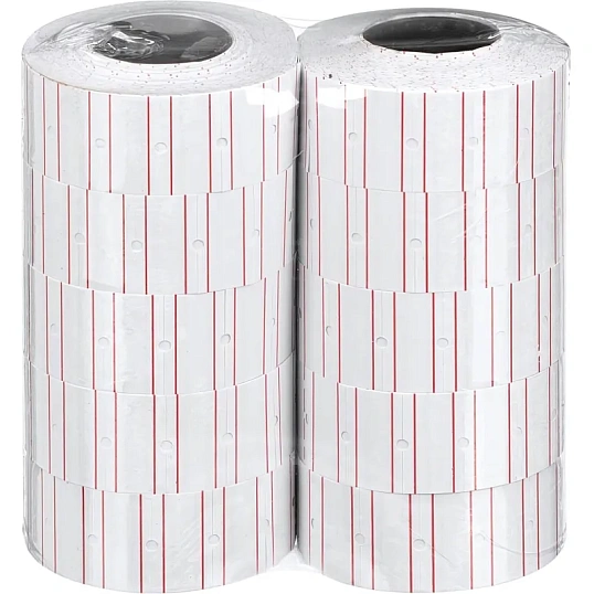 Этикет-лента 21,5х12 прямая белая с красной полосой, 1000шт/рул,10рул/уп