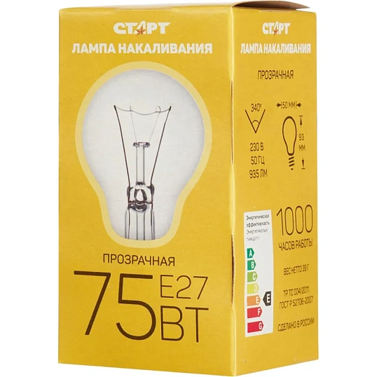 Лампа накаливания СТАРТ стандартная/прозрачная 75W E27 10 шт