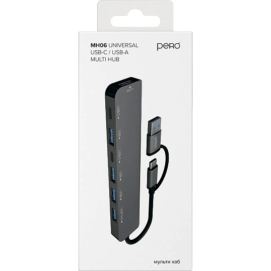 Разветвитель USB PERO MH06, USB-С/A TO 2xUSB-C+USB 3.0+4xUSB 2.0 серый