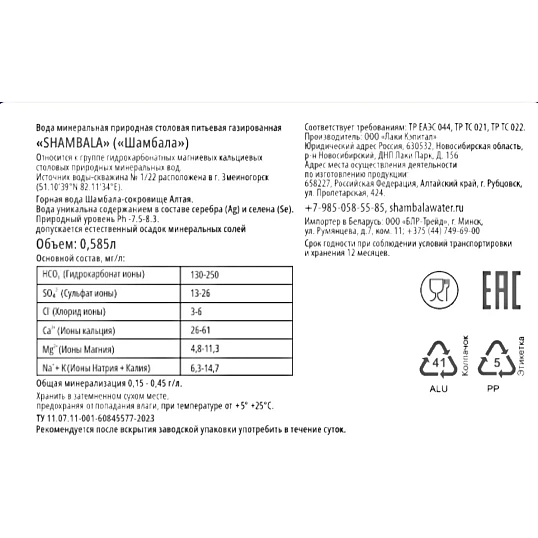 Вода минеральная Шамбала Горная природная стекло газ 0,585л