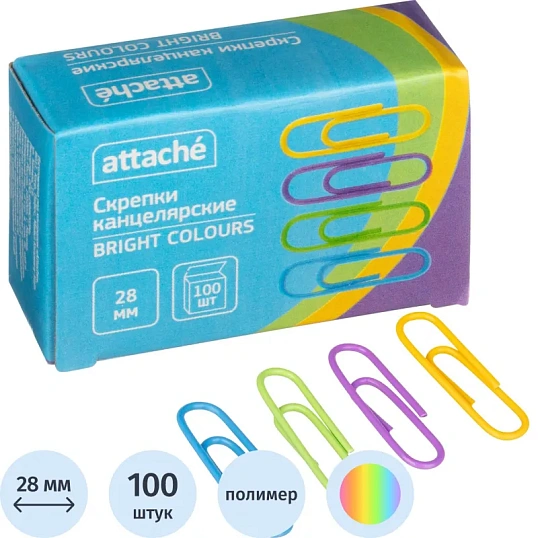 Скрепки Attache Bright Colours с полимерн.покрыт,28мм,разноцветн,100 шт/уп