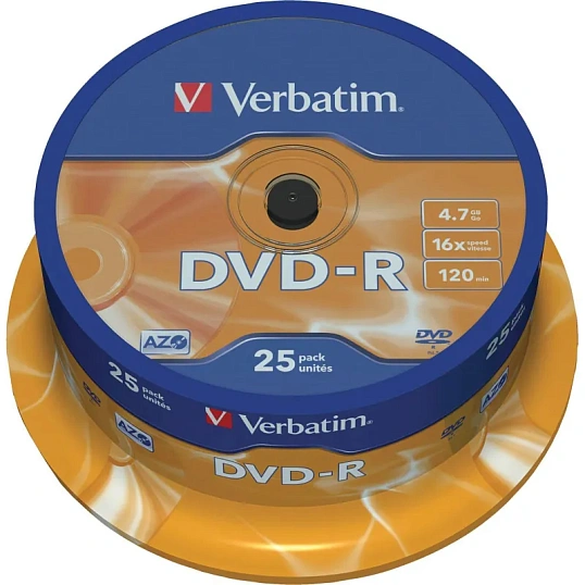 Носители информации DVD-R, 16x, Verbatim Azo Matt Silver, Cake/25, 43522