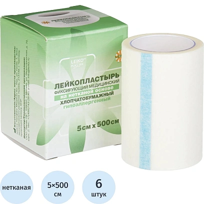 Лейкопластырь 5х500см нетканый в картоне LEIKO, 6 шт/уп