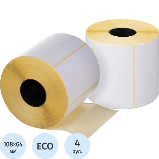 Термоэтикетки ЭКО 108х64, 1000 шт/рул, легкосъемный клей, вт. 40, 4 рул/уп