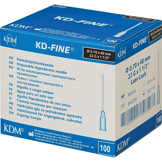Игла инъекционная 22G (0,7х40мм) Luer lock KD-Fine 100шт/уп