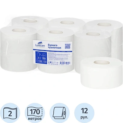 Бумага туалетная д/дисп Luscan Professional 2слбелцелвтул170м 12рул/уп