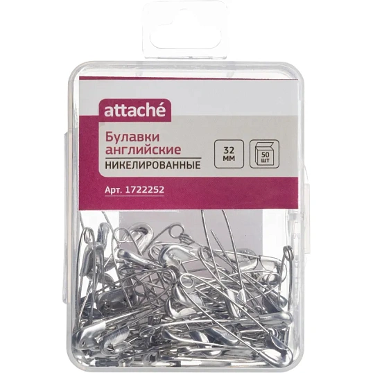 Булавки английские Attache, 32 мм, никелир.,50 шт/уп,пласт.коробка,европодв