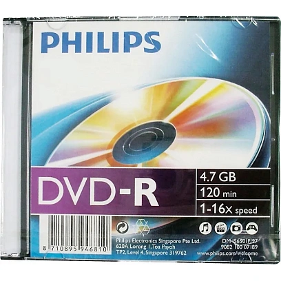Носители информации DVD-R Philips (DM4S6S01F/97)4.7 Gb, 16x, Slim Case 1шт