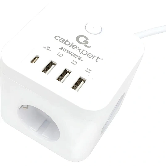 Сетевой фильтр Cablexpert Cube 3р/1,5м, 10А, 3xUSB, белый(CUBE-3-CU3-W-1.5)