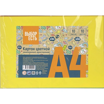 Картон цветной Выбор есть Отличник 10л 10цв А4 немелован.пакет