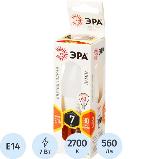 Лампа светодиодная Эра 7W E14 2700k тепл.бел.свеча LED B35-7W-827-E14