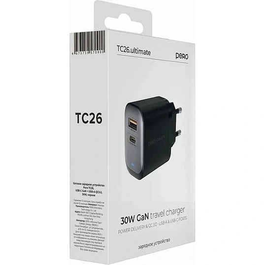 Зарядное устройство сет. PERO TC26 ULTIMATE GAN USB-A + USB-C, 30W черный