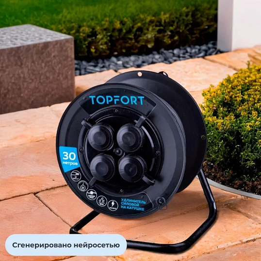 Удлинитель Topfort пласт. КГ 2x2,5 кв.мм 30м 16А 4 гнезда б/з.,с/загл.,IP44