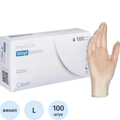 Перчатки одноразовые виниловые, н/о, прозр. MediOk (L), 50п/уп 4гр.,ПС