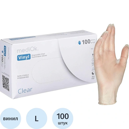 Перчатки одноразовые виниловые, н/о, прозр. MediOk (L), 50п/уп 4гр.,ПС