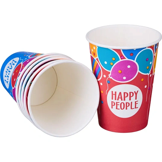Стакан одноразовый бум односл. 350 мл d-90мм Happy People МИКС  50шт/уп