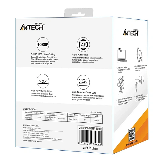Веб-камера A4Tech PK-940HA черный 2Mpix (1920x1080) USB2.0 с микрофоном