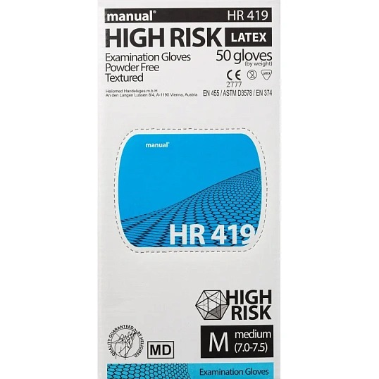 Перчатки мед.смотров. латекс,н/с,н/о, MANUAL HR419 High Risk  M 25пар,ПС